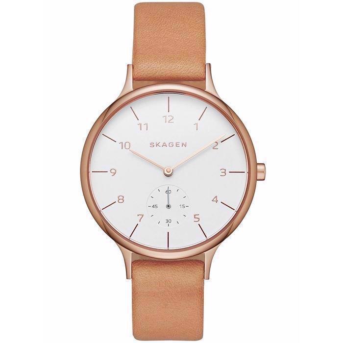 Image of rosa forgyldt stål Anita quartz med tre visere dame ur fra Skagen